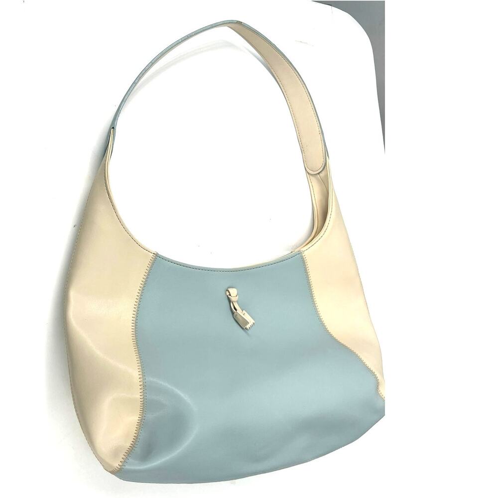 Vintage y2k 2000's  light blue cream hobo-style shoulder bag tassel purse - Picture 2 of 9